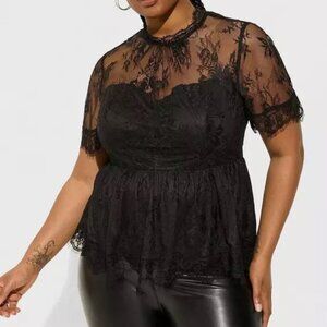 Torrid peplum lace mock neck short sleeve blouse in black